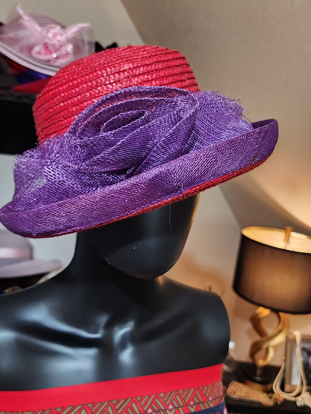 Vintage Red Straw Hat with Purple Rosette and Brim